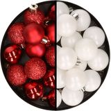 Kerstballen 36x stuks - 3 en 4 cm - rood en wit - kunststof
