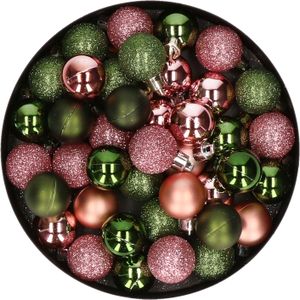 Kleine kunststof kerstversiering 40x stuks set en 3 cm kerstballen in het roze en groen - Voor kleine kerstbomen