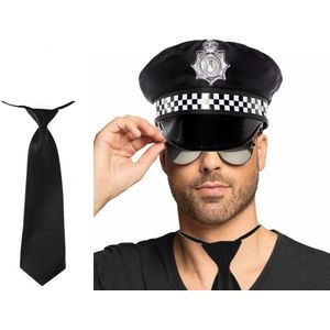 Carnaval verkleedkleding set - politiepet - spiegel zonnebril en stropdas - zwart - heren/dames