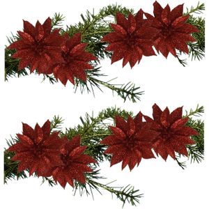 Kerstboom bloemen op clip - 9,5 cm - 8x stuks - glitter rood - kunststof