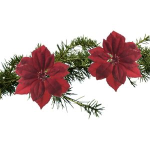 Kerstboom bloemen op clip - 2x stuks - rood glitter - kunststof - 24 cm