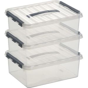3x Sunware Q-Line opberg box/opbergdoos 12 liter 40 x 30 x 14 cm kunststof - A4 formaat opslagbox - Opbergbak kunststof transparant/zilver