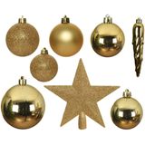 Kerstversiering kunststof kerstballen 5-6-8 cm met ster piek en folieslingers pakket goud van 35x stuks - Kerstboomversiering