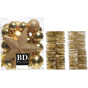 Kerstversiering kunststof kerstballen 5-6-8 cm met ster piek en folieslingers pakket goud van 35x stuks - Kerstboomversiering