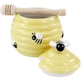 Gele honingpot met honinglepel/stokje 11 cm - Keukengerei/tafelgerei - Thee drinken - Honing potten met 3D bijenmotief