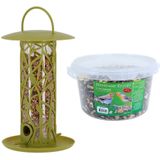 Vogel voedersilo met zitstokjes en tray groen kunststof 27 cm inclusief 4-seizoenen energy vogelvoer - Vogel voederstation