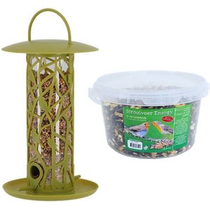 Vogel voedersilo met zitstokjes en tray groen kunststof 27 cm inclusief 4-seizoenen energy vogelvoer - Vogel voederstation