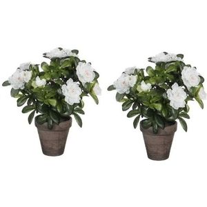 2x Groene Azalea kunstplant witte bloemen 27 cm in pot stan grey - Kunstplanten/nepplanten