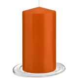 Trend Candles - Stompkaarsen met glazen onderzetters set van 2x stuks oranje 8 x 15 cm
