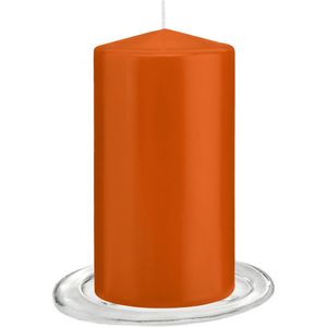 Trend Candles - Stompkaarsen met glazen onderzetters set van 2x stuks oranje 8 x 15 cm