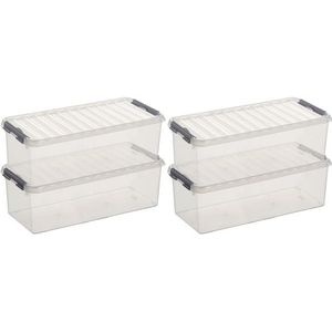 12x Sunware Q-Line opberg box/opbergdoos 9,5 liter 48,5 x 19 x 14,7 cm kunststof - Langwerpige/smalle opslagbox - Opbergbak kunststof transparant/zilver