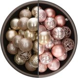 Bellatio Decorations Kerstballen mix - 74-delig - parel champagne en lichtroze - 6 cm - kunststof