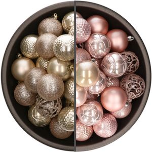 Bellatio Decorations Kerstballen mix - 74-delig - parel champagne en lichtroze - 6 cm - kunststof