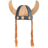 Rubies Carnaval verkleed Viking helm - grijs/oranje - met hoorns - polyester - heren - met vlechten