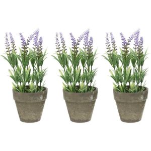 3x Groene/lilapaarse Lavandula/lavendel kunstplanten 25 cm in grijze betonlook pot - Kunstplanten/nepplanten