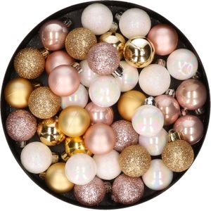 42x stuks kunststof kerstballen lichtroze, parelmoer wit en goud mix 3 cm - Kerstboomversiering