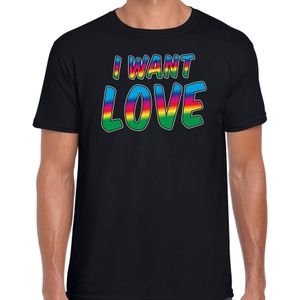 Bellatio Decorations Gay Pride t-shirt met tekst - heren - zwart - I want love - LHBTI/LHBTIQ