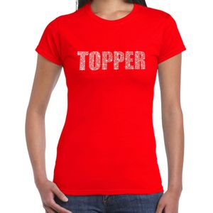 Glitter Topper t-shirt rood met steentjes/ rhinestones voor dames - Glitter kleding/ foute party outfit