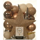 33x st kunststof kerstballen en piek-bruin-wit-zilver -en kralenslinger