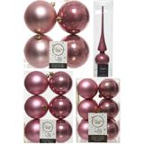 Kerstversiering kunststof kerstballen met glazen piek oud roze 6-8-10 cm pakket van 45x stuks - Kerstboomversiering