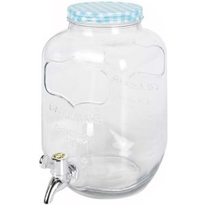 Glazen drankdispenser/limonadetap met blauw/wit geblokte dop 4 liter - Tapkraantje
