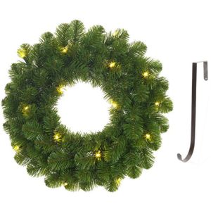 Groene verlichte kerstkransen/deurkransen met 30 LEDS 60 cm met ijzeren hanger - Kerstversiering/kerstdecoratie kransen