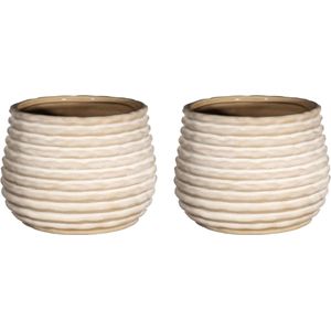 Ideas4seasons Bloempot/plantenpot Rise - 2x - ribbel - creme wit - voor kamerplant - D14 x H10 cm