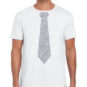 Wit fun t-shirt met stropdas in glitter zilver heren