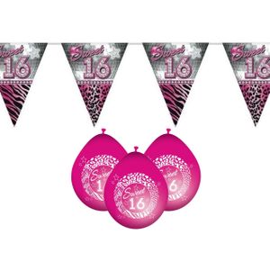 Funny Fashion - Sweet 16 versiering pakket vlaggetjes/ballonnen roze