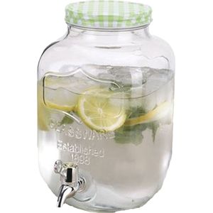 Glazen drankdispenser/limonadetap met groen/wit geblokte dop 4 liter - Tapkraantje