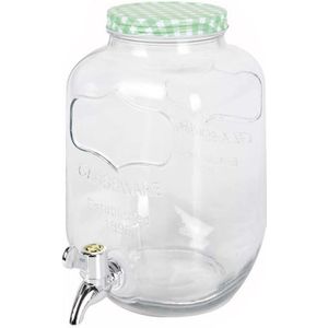 Glazen drankdispenser/limonadetap met groen/wit geblokte dop 4 liter - Tapkraantje