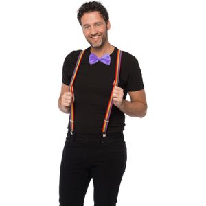 Carnaval verkleedset bretels en strik - regenboog - paars - volwassenen/unisex - feestkleding