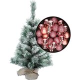 Besneeuwde mini kerstboom/kunst kerstboom 35 cm met kerstballen roze - Kerstversiering