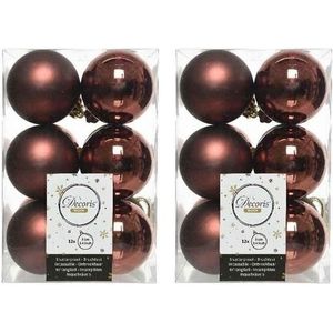 24x Mahonie bruine kunststof kerstballen 6 cm - Mat/glans - Onbreekbare plastic kerstballen - Kerstboomversiering mahonie bruin
