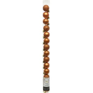 14x stuks mini kunststof kerstballen cognac bruin (amber) 3 cm - glans/mat/glitter - Kerstboomversiering