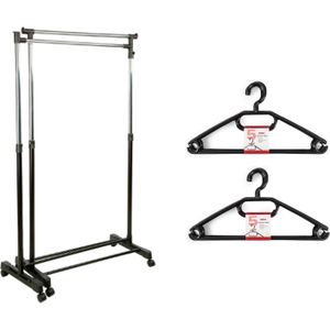 Kledingrek met kleding hangers - 2x enkele stang - kunststof - zwart - 162 x 42 x 168 cm