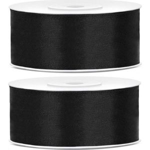 2x Hobby/decoratie zwarte satijnen sierlinten 2,5 cm/25 mm x 25 meter - Cadeaulinten satijnlinten/ribbons - Zwarte linten - Hobbymateriaal benodigdheden - Verpakkingsmaterialen