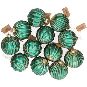 Kerstballen - groen met zilver - 12 stuks - glas - 8 cm