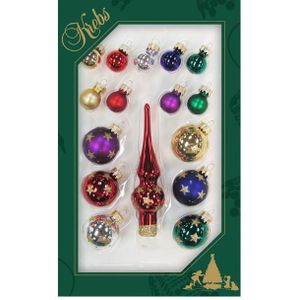 Luxe gekleurde glazen mini kerstballen en piek set voor mini kerstboom 16-dlg - Kerstversiering/kerstboomversiering gekleurd