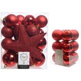 Kerstversiering kunststof kerstballen rood 5-6-8 cm pakket van 45x stuks - Met kunststof ster piek van 19 cm