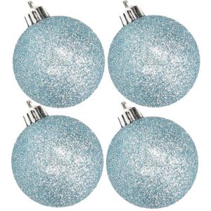 4x stuks kunststof glitter kerstballen ijsblauw 10 cm - Onbreekbare kerstballen - kerstversiering