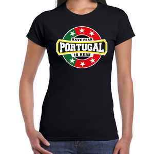 Have fear Portugal is here t-shirt met sterren embleem in de kleuren van de Portugese vlag - zwart - dames - Portugal supporter / Portugees elftal fan shirt / EK / WK / kleding
