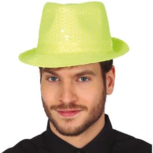 Guirca Glitter verkleed hoedje - fluor geel - verkleed accessoires - volwassenen/heren - met pailletten