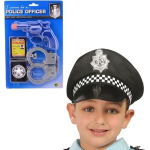 Carnaval verkleed speelgoed politiepet zwart voor kinderen met accessoires pistool/handboeien/badge