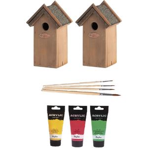2x stuks houten vogelhuisjes/nestkastjes 22 cm - in het rood/geel/groen - Dhz schilderen pakket + 3x tubes verf en kwasten