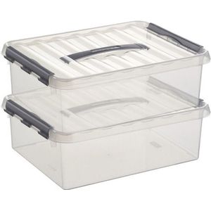 2x Sunware Q-Line opberg box/opbergdoos 10 liter 40 x 30 x 11 cm kunststof - A4 formaat opslagbox - Opbergbak kunststof transparant/zilver