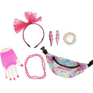 Foute 80s/90s party verkleed set compleet - dames - roze - jaren 80/90 verkleed accessoires