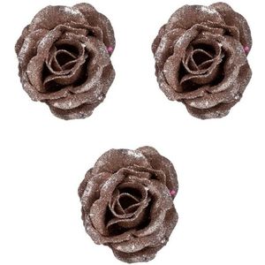 4x Oud roze roos met glitters op clip 7 cm - kerstversiering