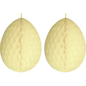 2x stuks hangdecoratie honeycomb paaseieren pastel geel van papier 30 cm - Brandvertragend - Paas/pasen thema decoraties/versieringen