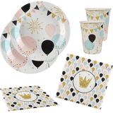 Feest wegwerp servies set - ballon - 10x bordjes / 10x bekers / 20x servetten - wit/goud